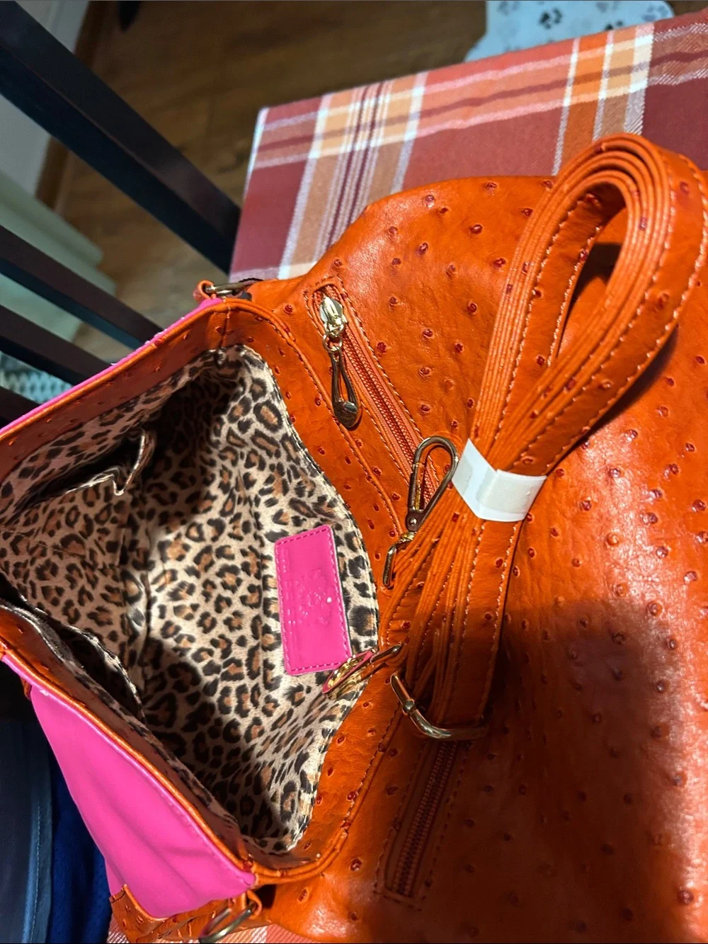 Cri De Coeur Orange FEAUX Ostrich -Texture Zip Bag with Pink Details
